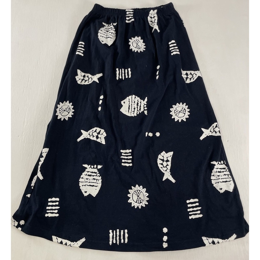 Vintage Navy Blue Long Maxi Skirt Blue Fish Tropical Size Small Pull On‎ Scandi